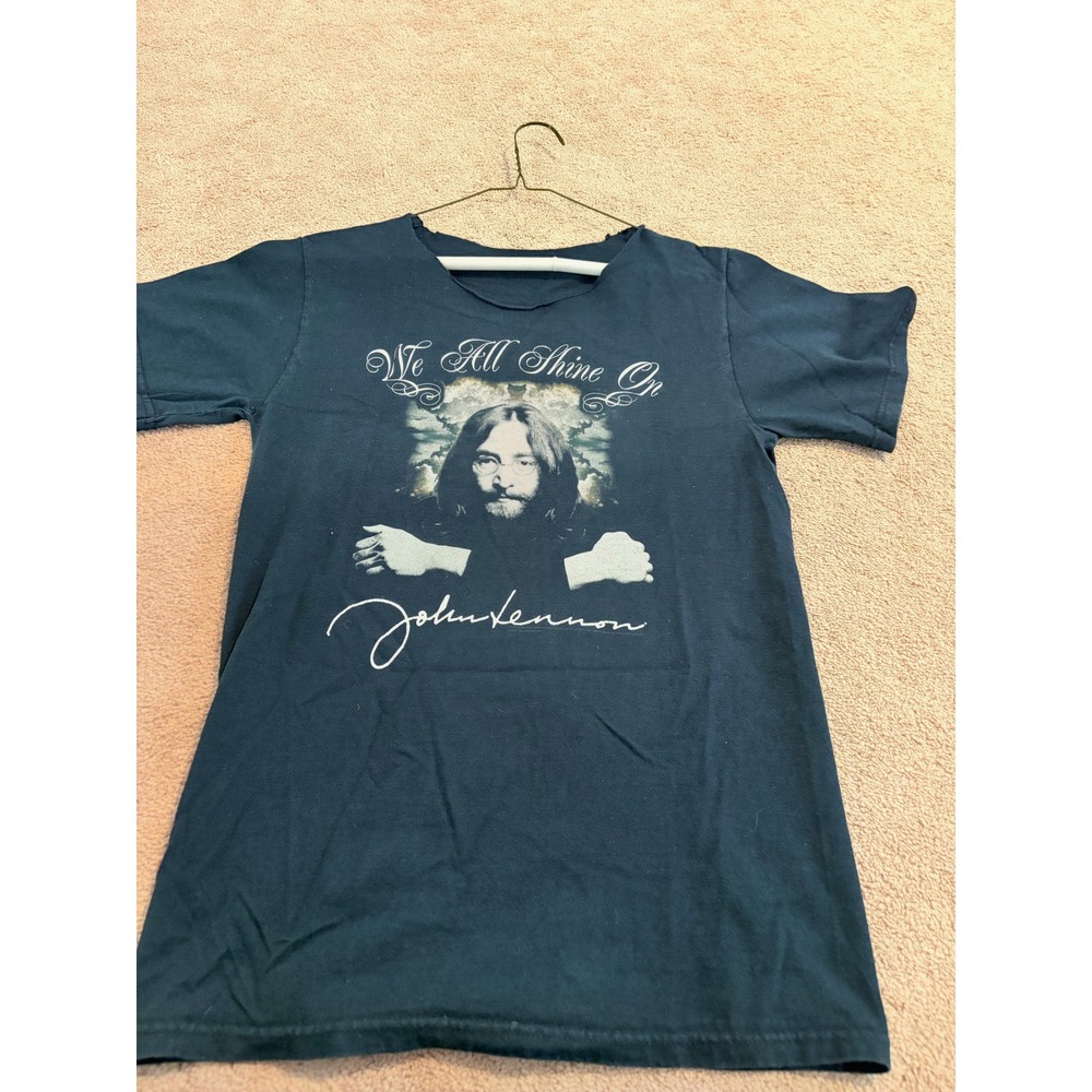 John Lennon We All Shine On Graphic Tee Raw Cut Neck Black Short Sleeve Shirt